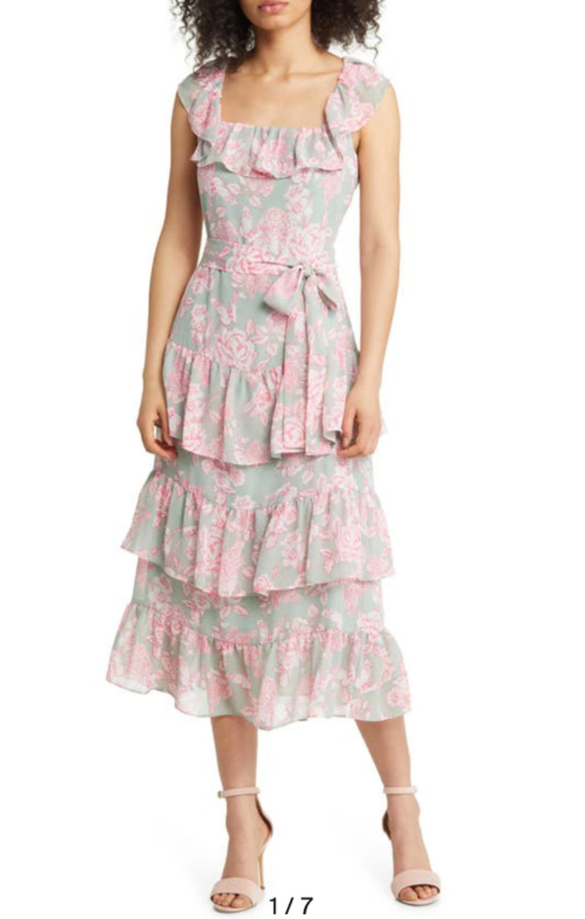Eliza J Tie Waist Tiered Midi Dress Mint Green Pink Floral Size 4 Wedding Party